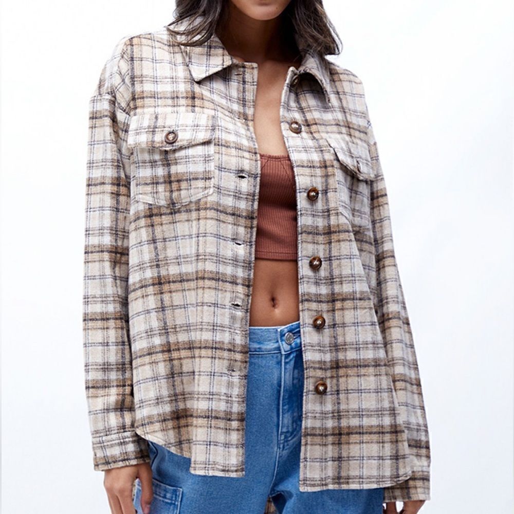 LA HEARTS Tan & Brown Oversized Plaid Shirt Shacket Size M/L